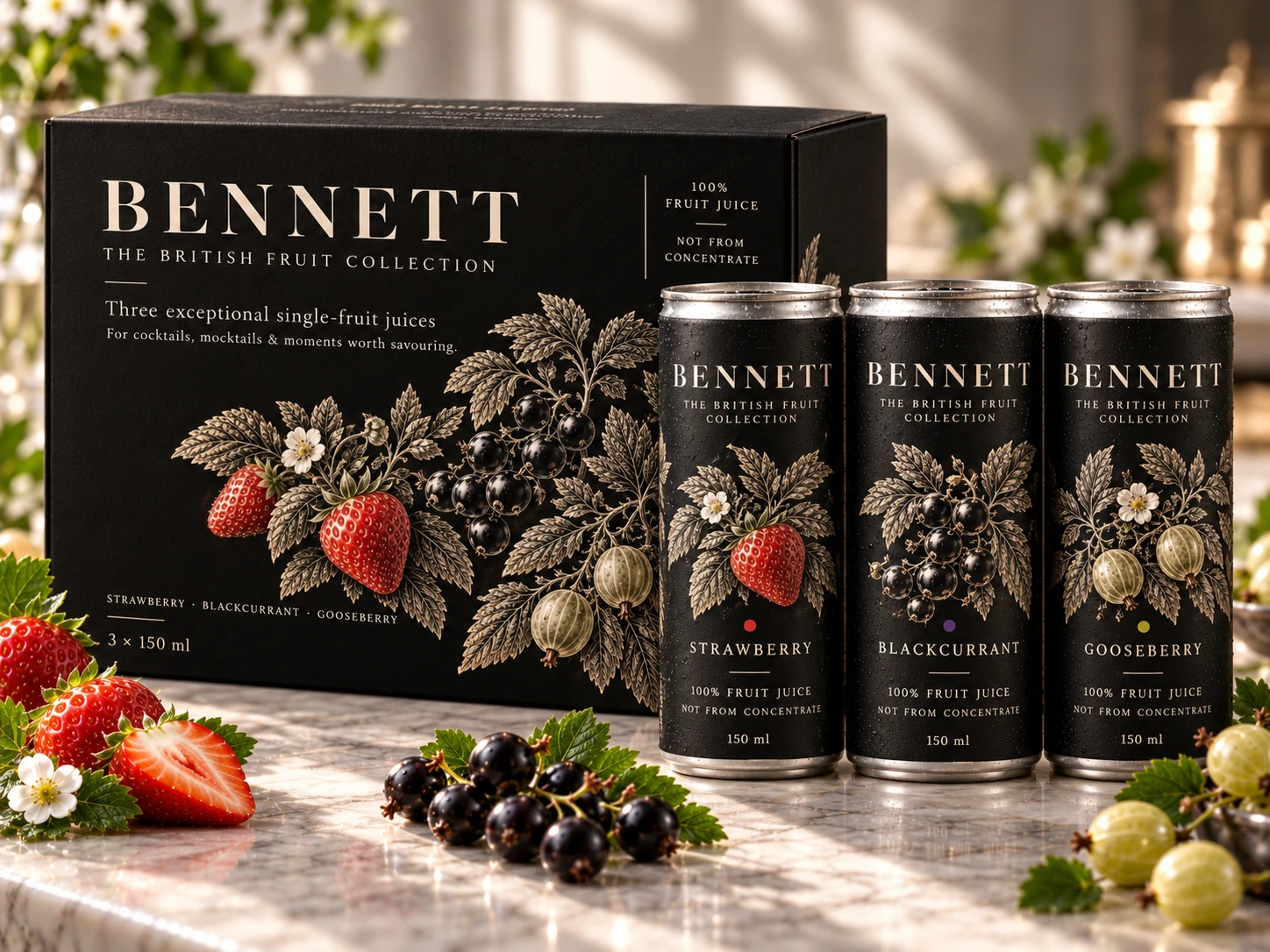 Bennett British Fruit Collection concept: strawberry, blackcurrant and gooseberry juice cans with presentation box