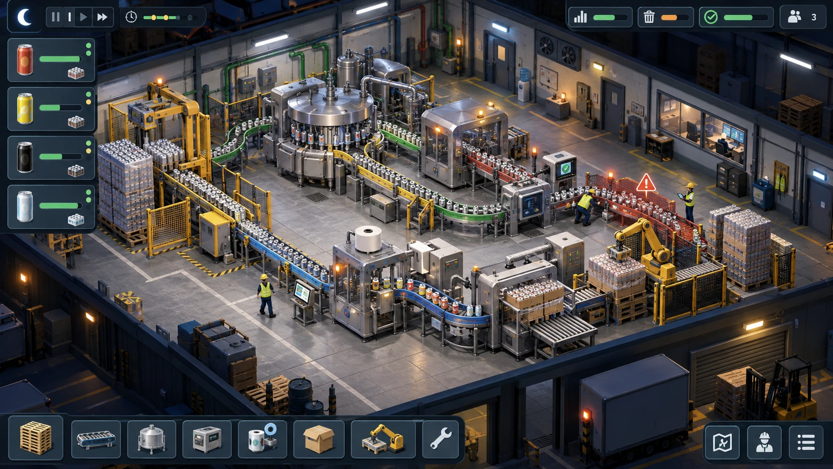 Canning Game concept showing a busy cannery at night with conveyors, filling machines and workers