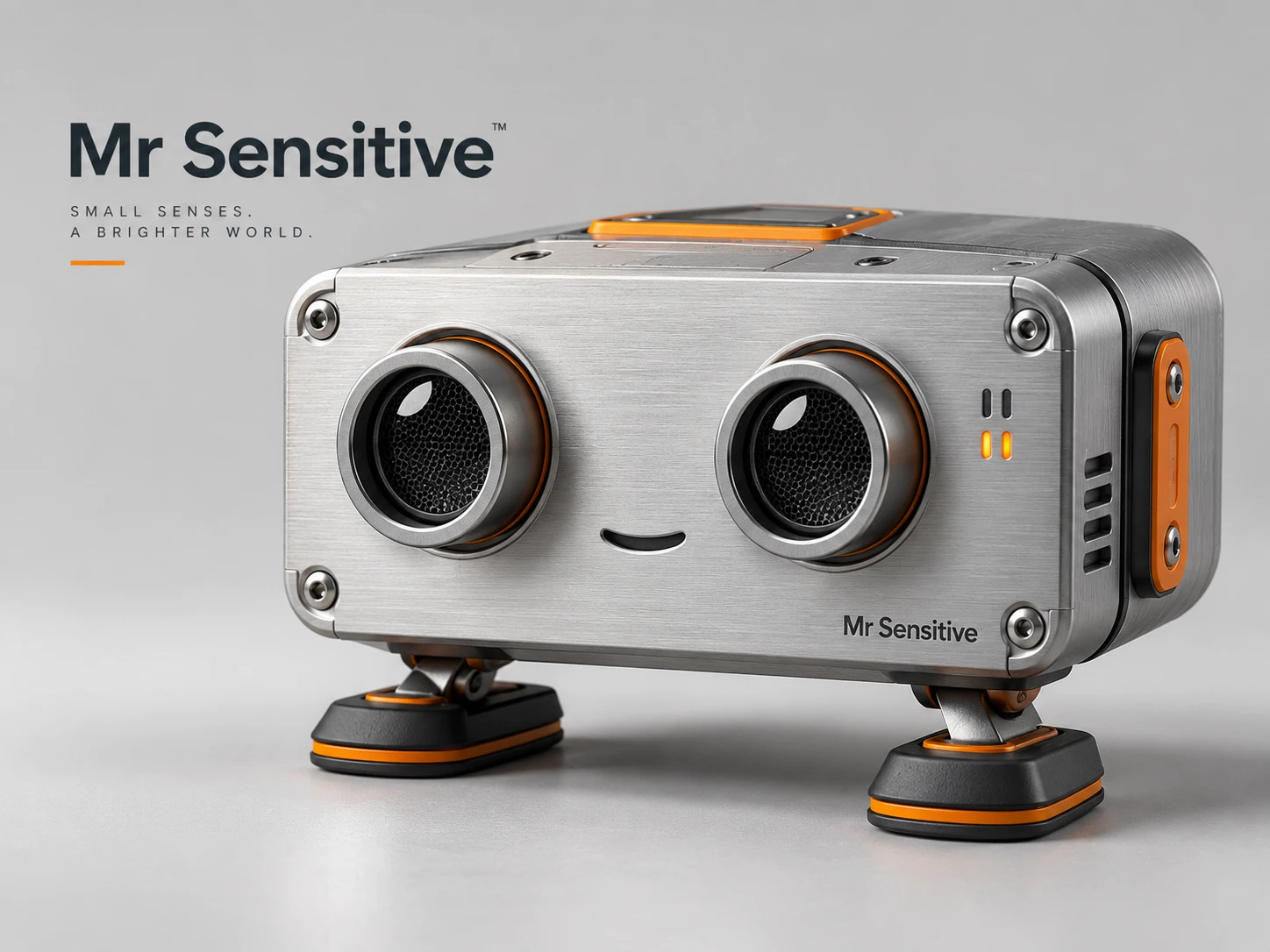 Mr Sensitive concept: a silver sensor box with orange details and two round sensors