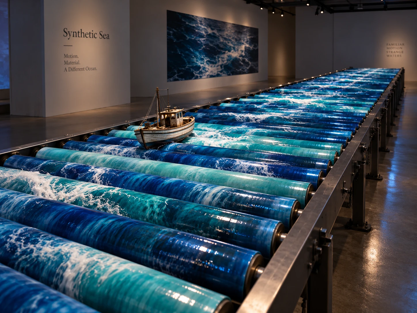 Concept of a little fishing boat on blue sea-painted conveyor rollers